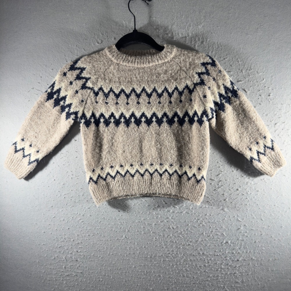 3285 | Zara Kids Fair Isle Wool Blend Sweater Beige Navy Nordic 4Y